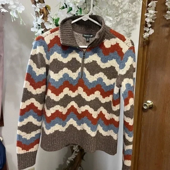 Toad&Co Rust Brown Blue Wilde 1/4 Zip Sweater Lambswool CabinCore Outdoor Size S - Picture 5 of 9